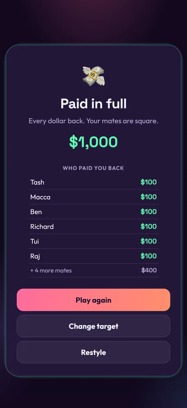 Paid in full: a list of mates who paid you back $100 each