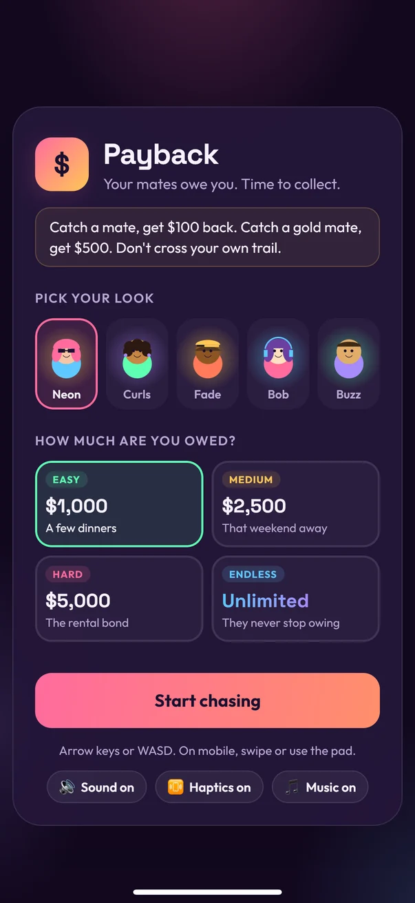 Start screen with five looks and four debt amounts